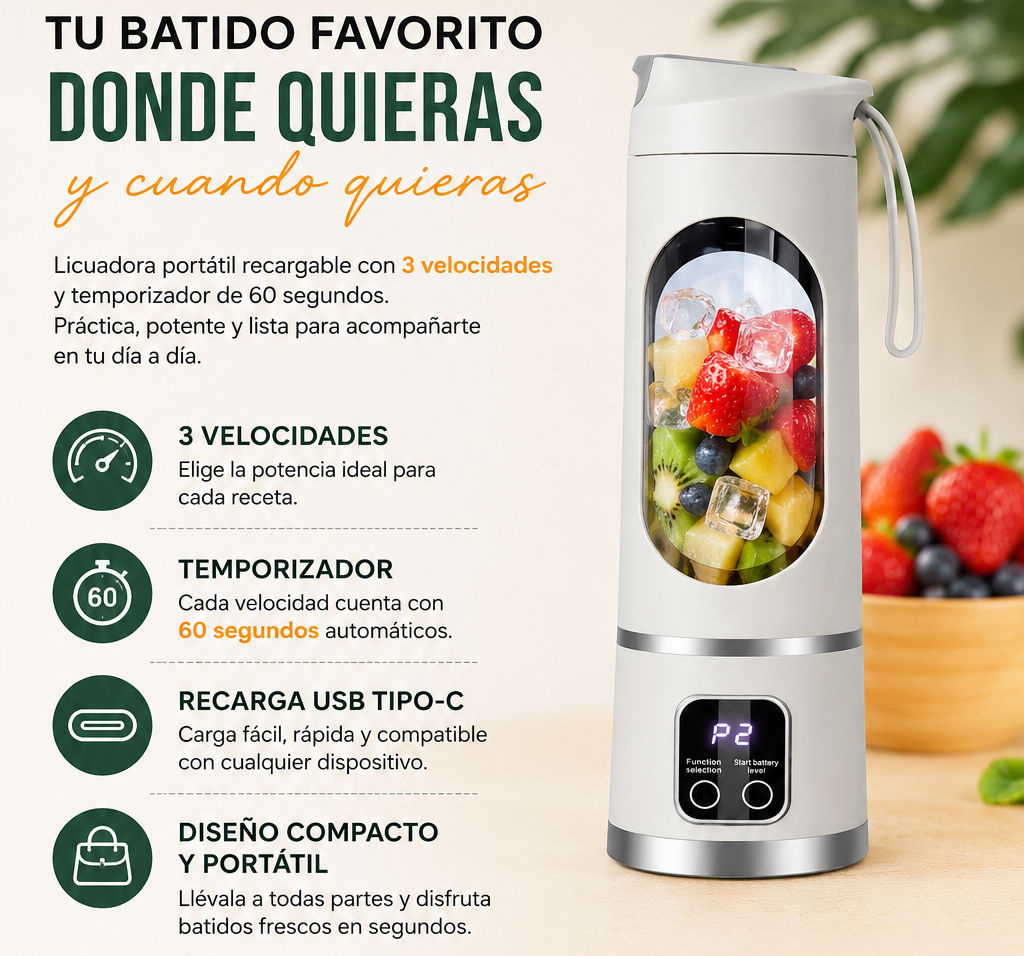 Licuadora Portátil Recargable USB ⚡ Jugos y Batidos Frescos en Donde Quieras