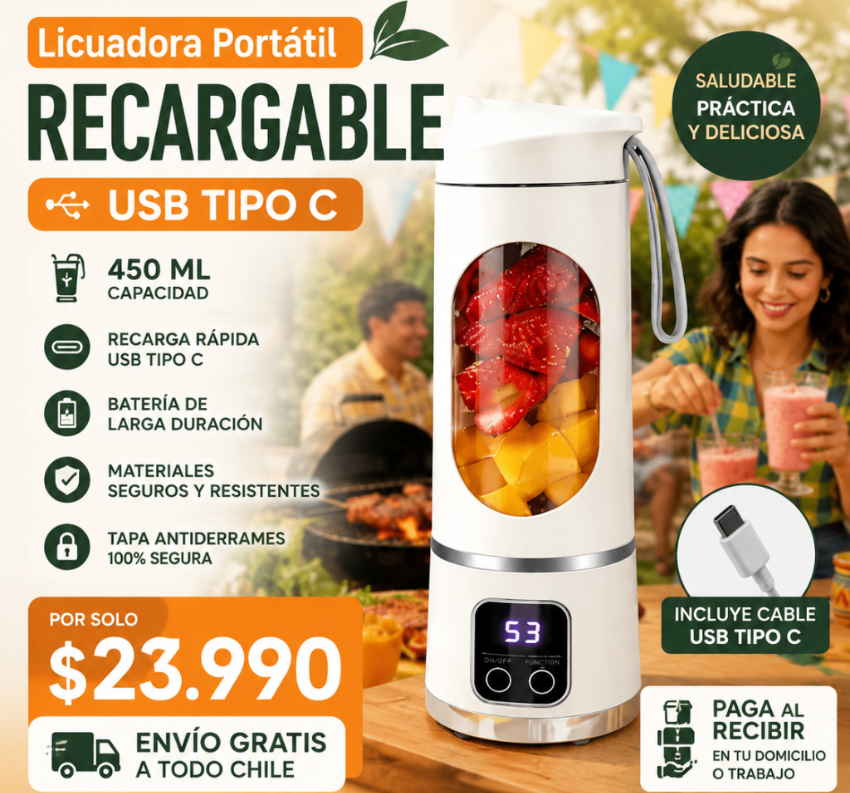 Licuadora Portátil Recargable USB ⚡ Jugos y Batidos Frescos en Donde Quieras